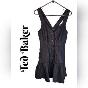 Ted Baker Black Mini Dress Sz 2=4-6 Linen Blend Ruffle Hem Front Buttons